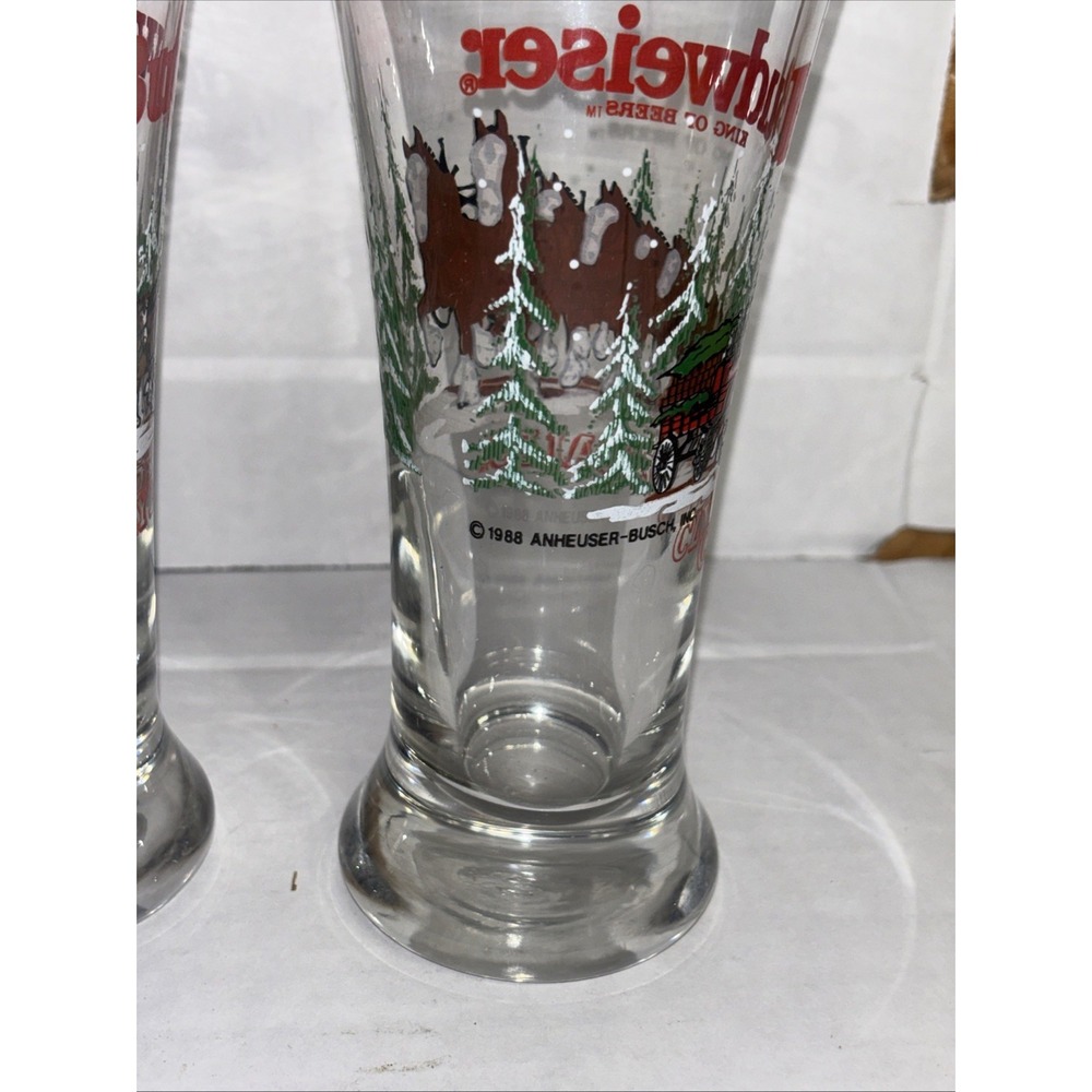 Vtg 1989 Budweiser Pilsner Beer Glasses Clydesdale Winter Holiday Christmas set - Picture 4 of 5